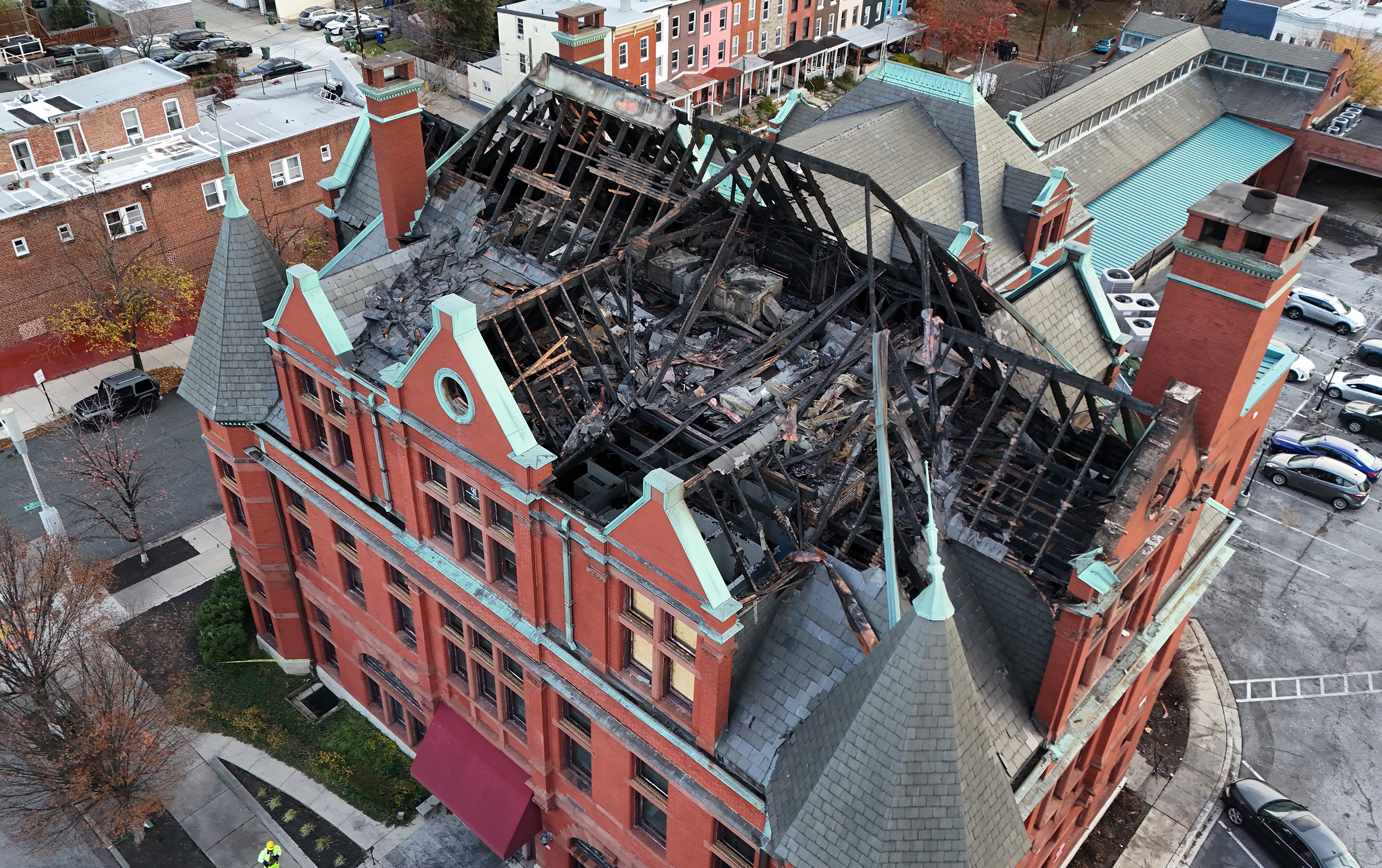 The aftermath of a massive three-alarm fire that drew more than 100 Baltimore City firefighters to a historic building in Hampden Monday evening. (Kevin Richardson/Sun Staff)