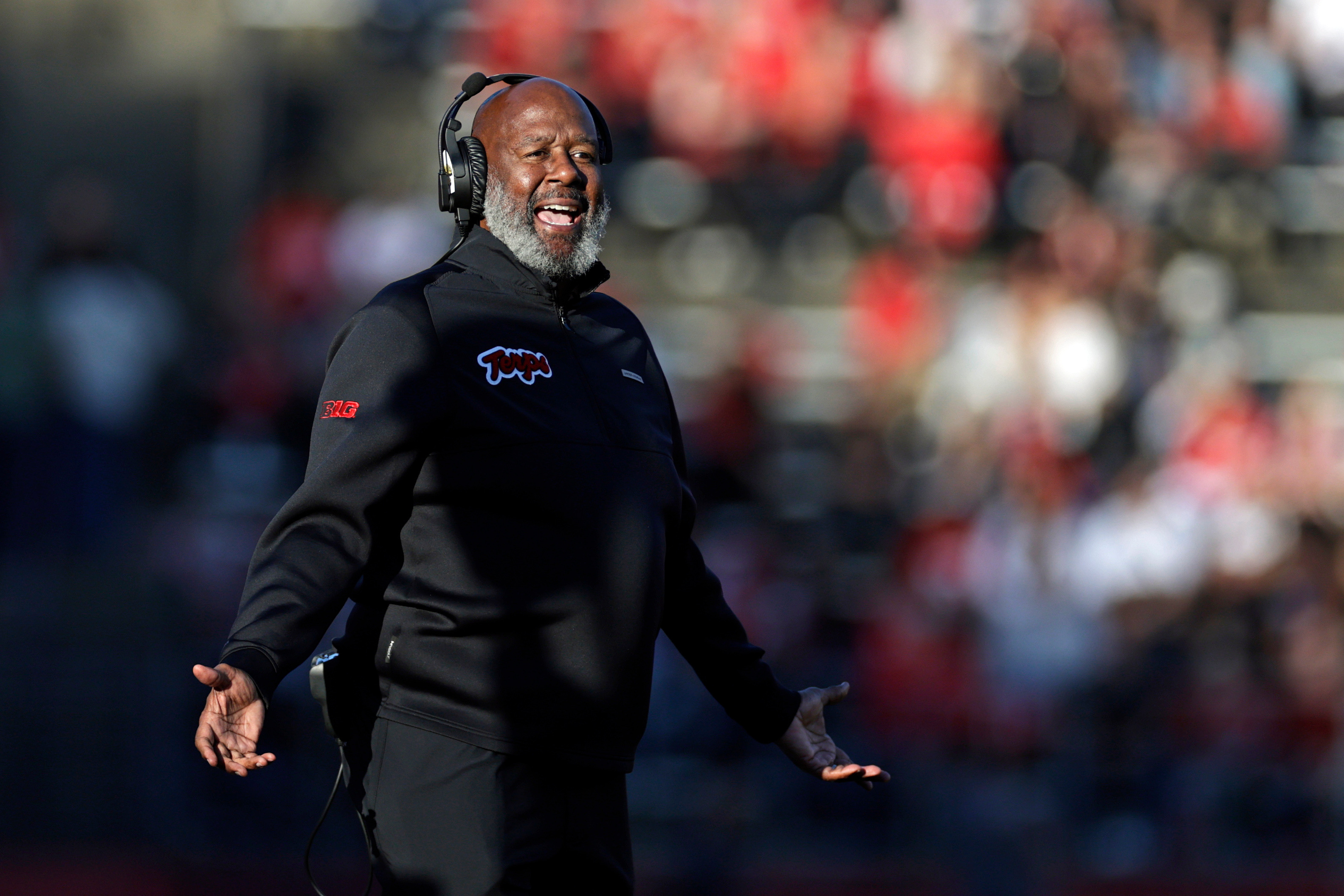 Maryland coach Michael Locksley reacts during the first half of the Terps' loss to Rutgers. Locksley's team has lost five consecutive games after a 4-0 start. (Adam Hunger/AP)