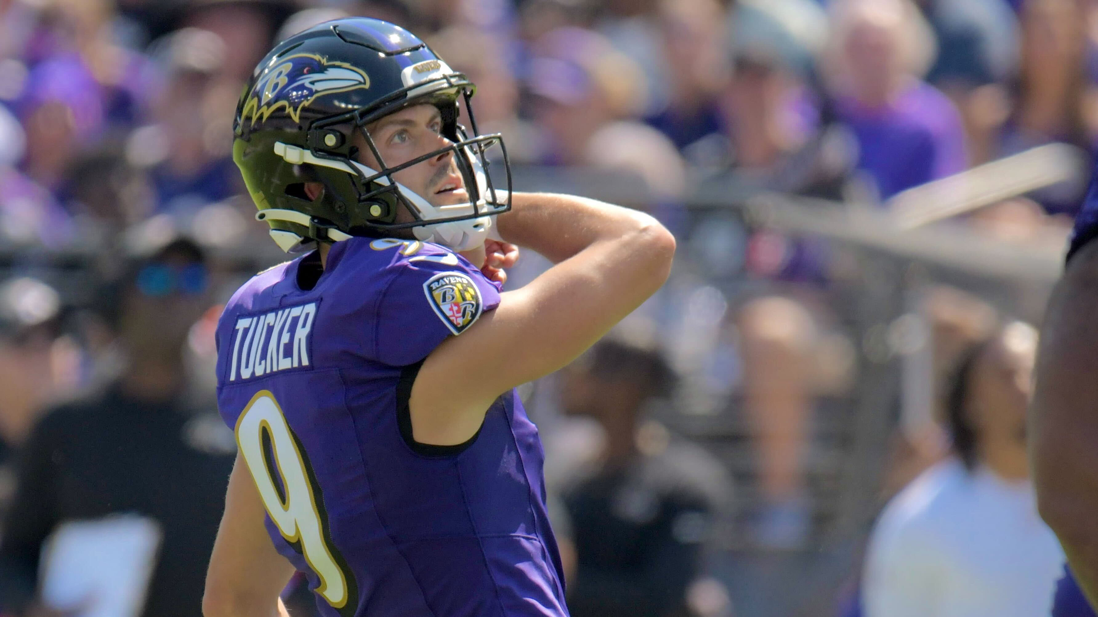 Justin Tucker kicks a field goal for the Ravens in 2024. Tucker, a free agent, is eligible to return from his 10-week suspension starting Tuesday. (Karl Merton Ferron/Staff)